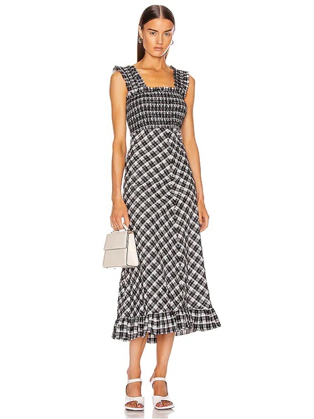Ganni Black and White Seersucker Check Midi Dress Size EU 36 US 4